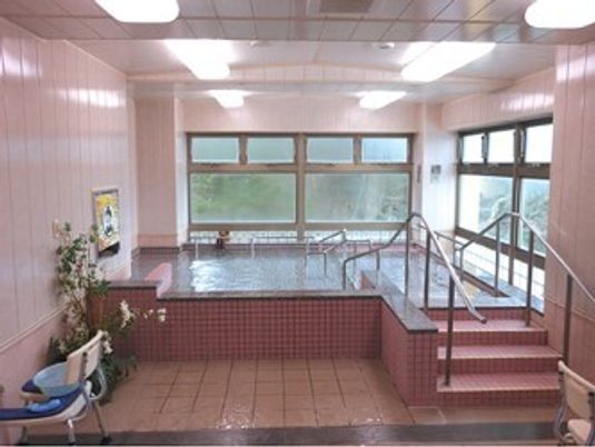 手すり付きの明るい浴室