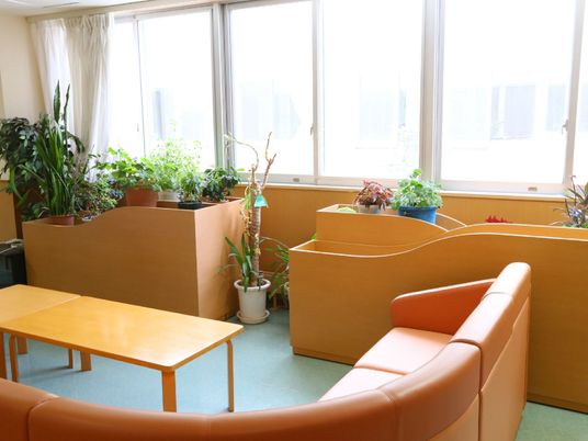 窓に面したコーナーに観葉植物が置かれている。グリーン系のフロアにオレンジ系のソファとテーブルがセットされている。