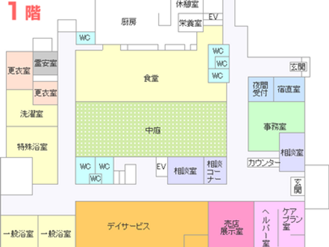 施設の間取り図 内観 施設全体のレイアウトが一目でわかります。各部屋や設備の配置が確認でき、動線理解に役立ちます。