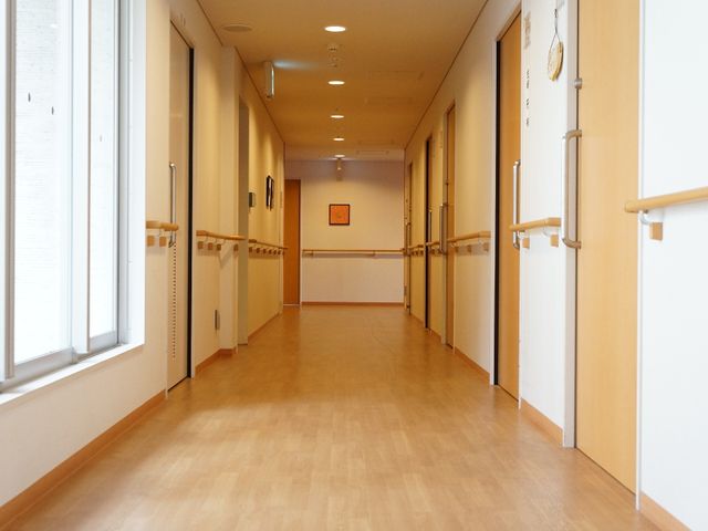 広々とした明るい廊下 温か味のある通路 ゆとりのある通路が続く快適な環境です。壁沿いには手すりが設置され、安心して歩ける配慮がされています。