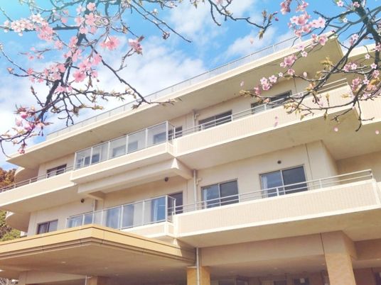 桜越しの施設外観  