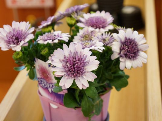 紫色の花が活けられた空間