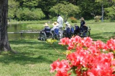 車椅子で散歩する人々