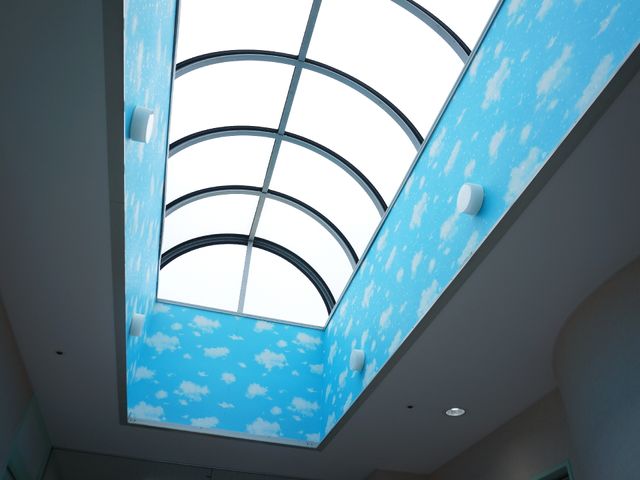 空模様の天井デザイン 天井 青空と雲が描かれた開放的な天井は、明るく穏やかな気分をもたらします。快適に過ごせる空間設計が特徴です。