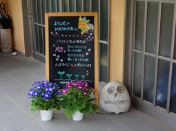 歓迎の看板と花