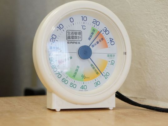 温度と湿度が両方表示されるタイプの温湿度計。白いプラスチックの台に、丸い表示盤が付いている。表示はアナログタイプである。