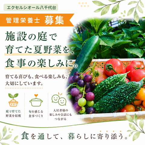 野菜が並ぶ募集案内 掲示物   施設の庭で育てた夏野菜や果物を使い、食事の楽しみにつなげる取り組みが紹介されています。入居者様との会話のきっかけにもなりそうです。