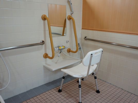 洗い場には高めの椅子、椅子の前にはシャワーと鏡、I型に設置された手摺がある。カランの位置は高く、座った状態でも手が届く。