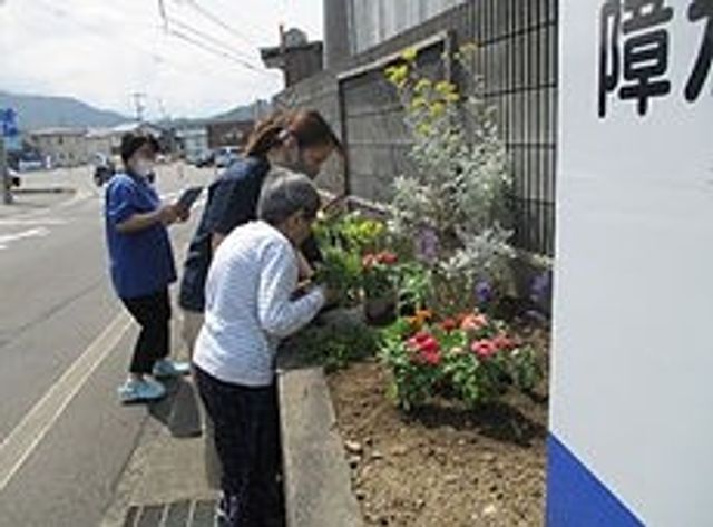 カラフルな花壇 施設外観 外観 色とりどりの花々が咲き誇る庭で、訪れる人々の心を和ませます。外での活動も楽しめます。