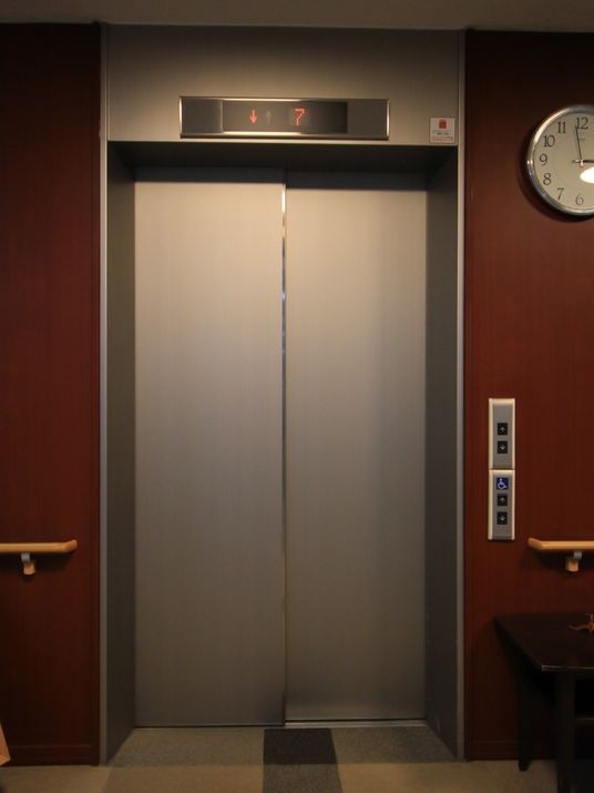 ドア周囲には手すりがある。ドアは高級感のあるつや消しでシンプルなデザインである。昇降ボタンは車椅子用が併設されている。