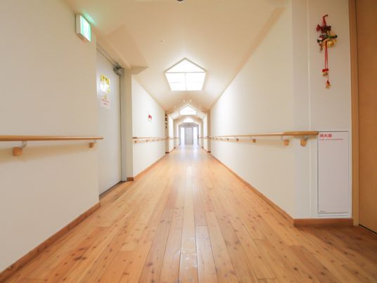 通路は白い照明と木目のフロアによって暖かな印象を与えている。両端には手すりが設置され、安心して移動することができる。