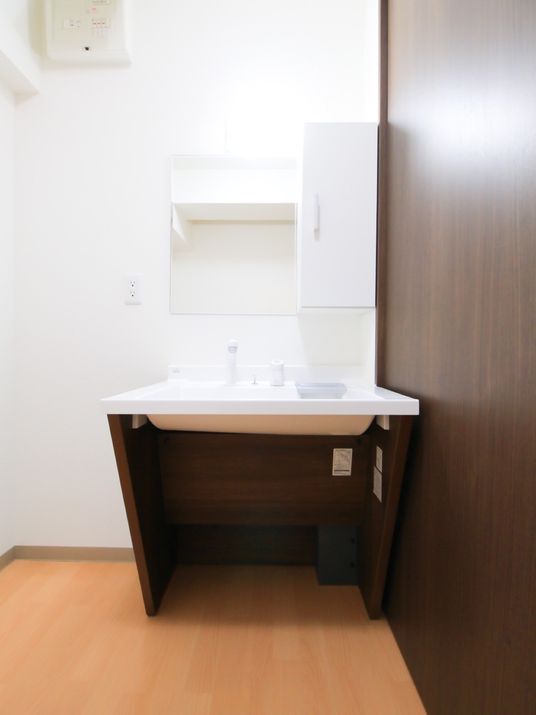 機能的かつシンプルなデザインの洗面台で、蛇口はレバー式でハンドシャワー付きである。立って使いやすい位置にコンセントジャックがある。