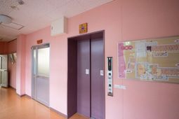 ピンクの壁のエレベーター