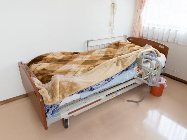 整えられた居室のベッド 居室 高さ調整可能なベッドが設置された居室です。安全と快適さを考慮した設計になっております。