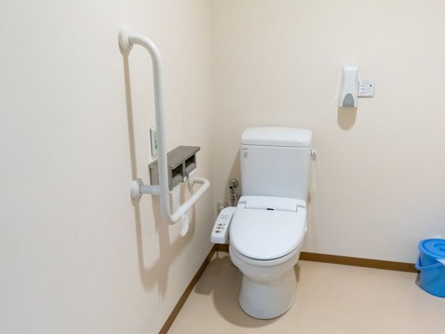 バリアフリートイレ設備 トイレ 手すり付きの清潔なトイレで、どなたでも快適にご利用いただけます。安全と利便性を考慮したデザインです。