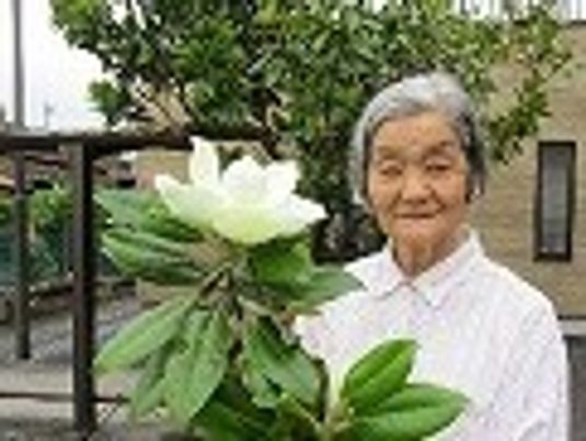 女性と大きな花の庭