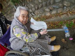 車椅子の高齢者と介助者