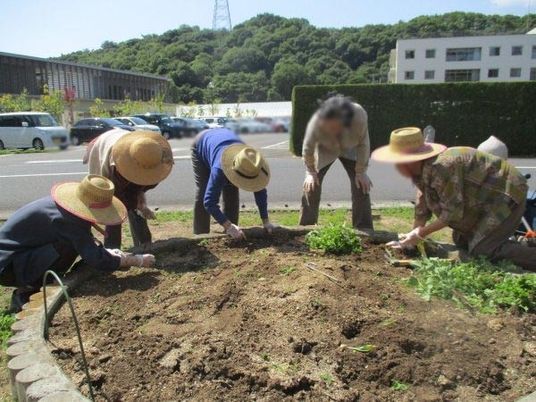 緑豊かな庭で作業