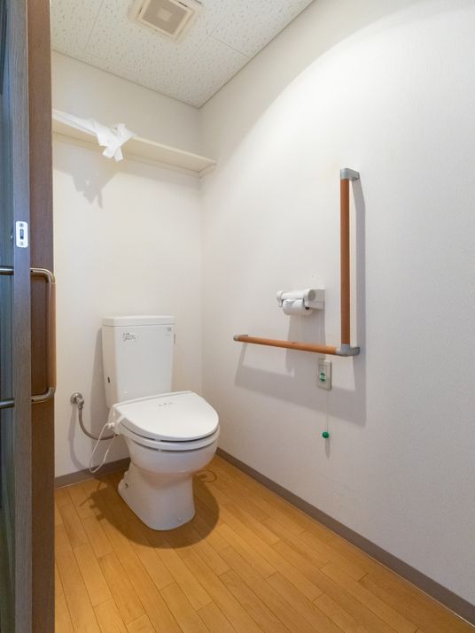 トイレには作り付けの棚があり、備品の収納場所として利用できる。間口が広いので、車椅子をご利用の方も出入りしやすい。