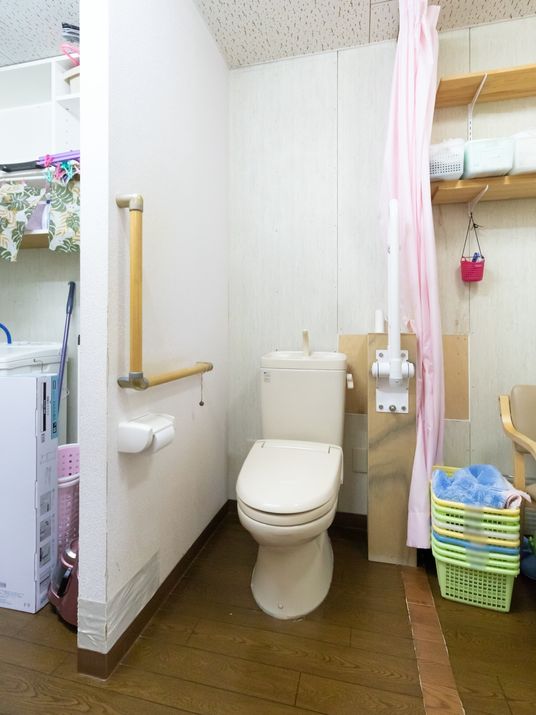 共用のトイレの画像である。中央に洋式トイレがあり、両側に手すりがある。左奥はランドリーになっている。