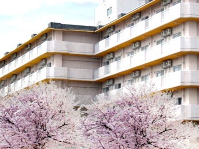 桜並木と建物の外観