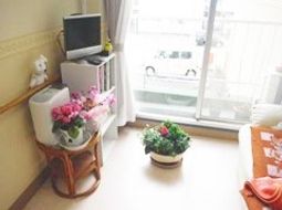明るい室内とベランダの花