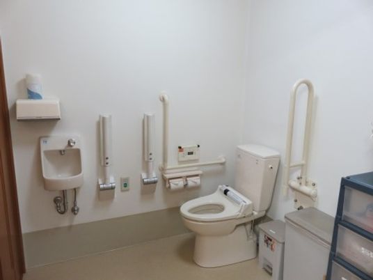 施設の写真 トイレは広々としており、壁にはたくさんの手すりが取りつけられている。室内には、簡易手洗い場が設置されている。