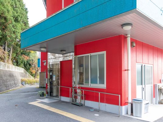 赤と青の鮮やかな建物入口