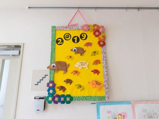 壁に飾られた手作り掲示物