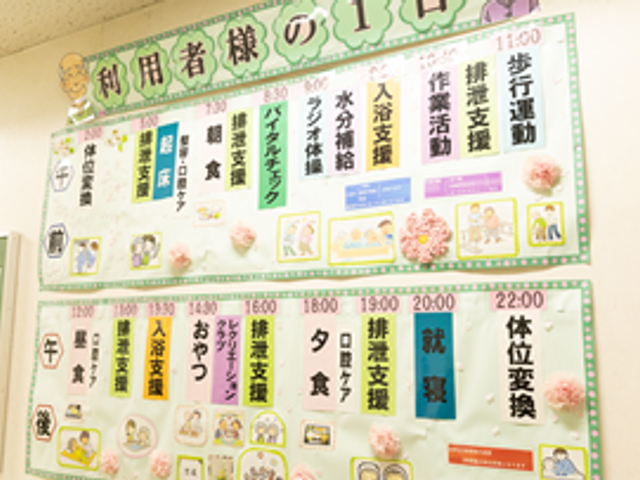 掲示物のスケジュール 掲示物 日々のスケジュールが詳しく掲示されています。介護の流れが一目でわかる便利な情報です。