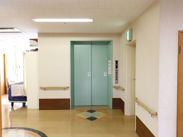 清潔な廊下とエレベーター エレベーターホール 手すり完備で、バリアフリーな通路が確保された環境です。安全な移動をサポートしています。