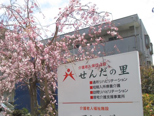 桜と施設看板の外観  