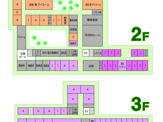 施設レイアウト図 内観 施設内の配置を示す図です。食堂や居室が明示されており、動線が分かりやすくなっています。