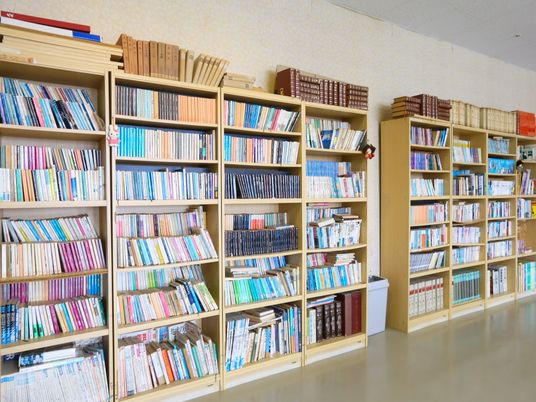 白色の天井と壁に、灰色の床の図書室である。本棚がたくさんあり、文庫本や事典などがぎっしりと収められている。