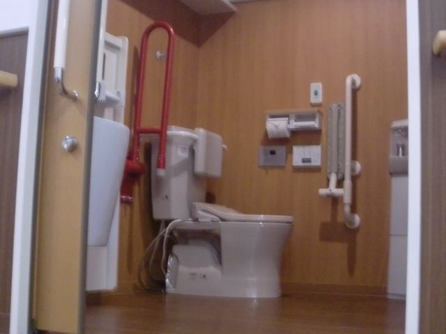 手すり付きのトイレ トイレ 手すり付きで安全に配慮されたトイレです。木目調の壁が落ち着いた雰囲気を演出しています。