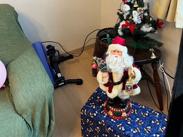 飾り棚のある居室 居室   クリスマスの飾りが置かれた居室です。落ち着いた色合いのソファがあり、くつろぎやすい雰囲気です。