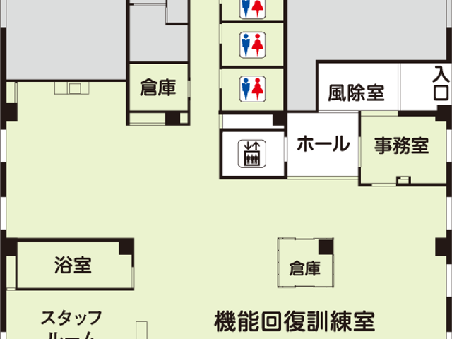 見取り図のホール 内観 広々とした作りのホールは、各部屋へのアクセスが便利です。スタッフルームも近くに配置されています。