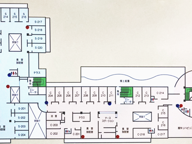 施設の見取り図 内観 各部屋が配置された見取り図です。リハビリセンターや多目的スペースが整っています。