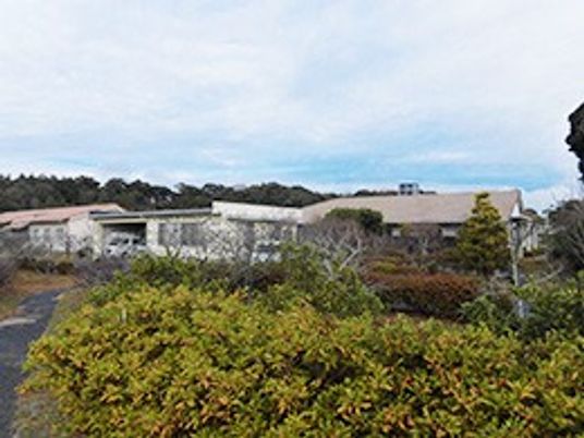 緑に囲まれた平屋の外観  