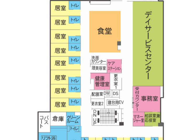 施設の2階間取り図 内観 各居室と多目的ルームが表示された施設の2階の詳細な間取りです。