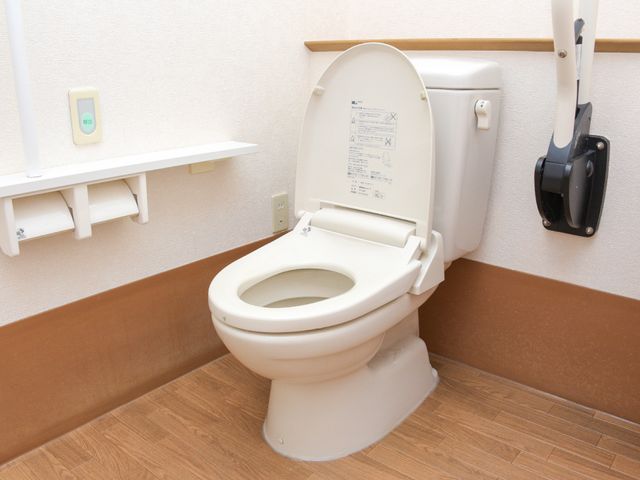 手すり付きトイレ トイレ 安全に配慮された設計で、手すりが設置された清潔感のあるトイレです。自立した日常生活をサポートする環境が整っています。