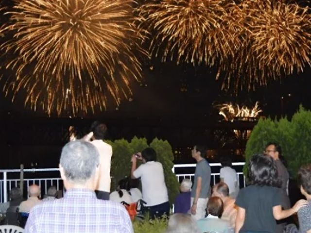 花火を見る人々 花火大会 夜空を彩る華やかな花火を、共に鑑賞する温かい雰囲気が感じられます。ゆったりとした時間を過ごせる場所がここにあります。