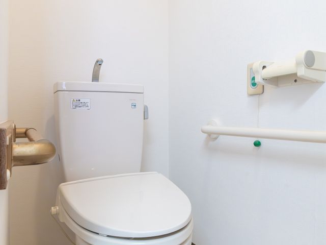 清潔なトイレ トイレ 手すりが設置され、安心して利用できるトイレスペースです。清掃が行き届いており、快適な環境が整っています。