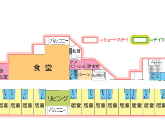 3階フロアー案内 食堂 居室や食堂の配置がわかりやすい3階の案内図です。リビングスペースが広く取られています。