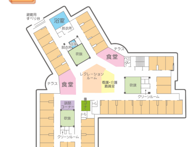 施設配置図 内観 各階の配置詳細がわかる図です。スタッフ同士の連携が取りやすい設計になっています。