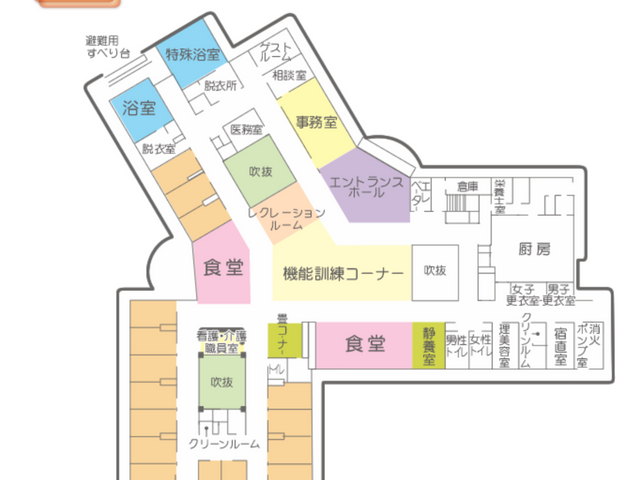 施設1階の間取り図 内観 施設の1階全体が一目で把握できる間取り図です。エントランスや食堂の配置がわかります。