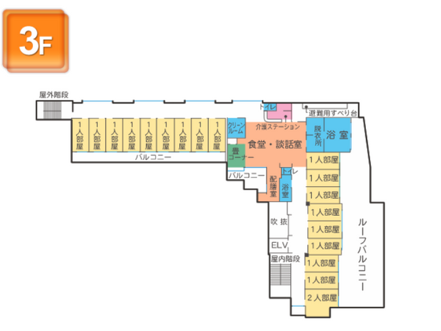 3階の施設配置図 居室 施設の3階には、複数の居室とバルコニーへのアクセスがあり、利用者に快適な生活空間を提供します。