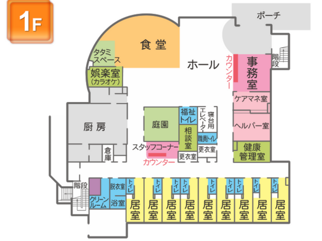 落ち着く共有スペース 食堂 明るい食堂は広々としており、みんなが集まる憩いの場です。自然光がたっぷり入ります。