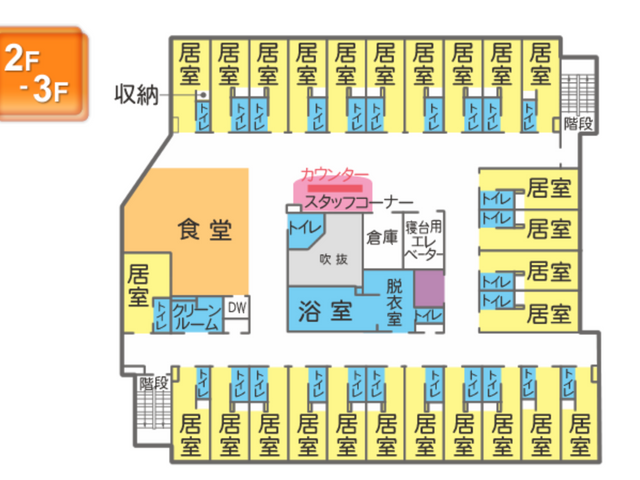 施設の平面図 内観 施設内の動線が分かりやすい設計で、スタッフルームや食堂へのアクセスが容易です。