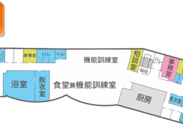 3Fフロア概略図 機能訓練室 広々とした機能訓練室が備わっています。利用者のニーズに合わせた多様な活動が可能です。